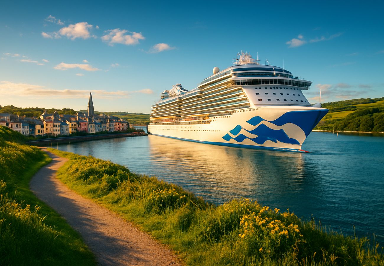 Princess Cruises ship docked at a European port with passengers boarding for cultural excursions