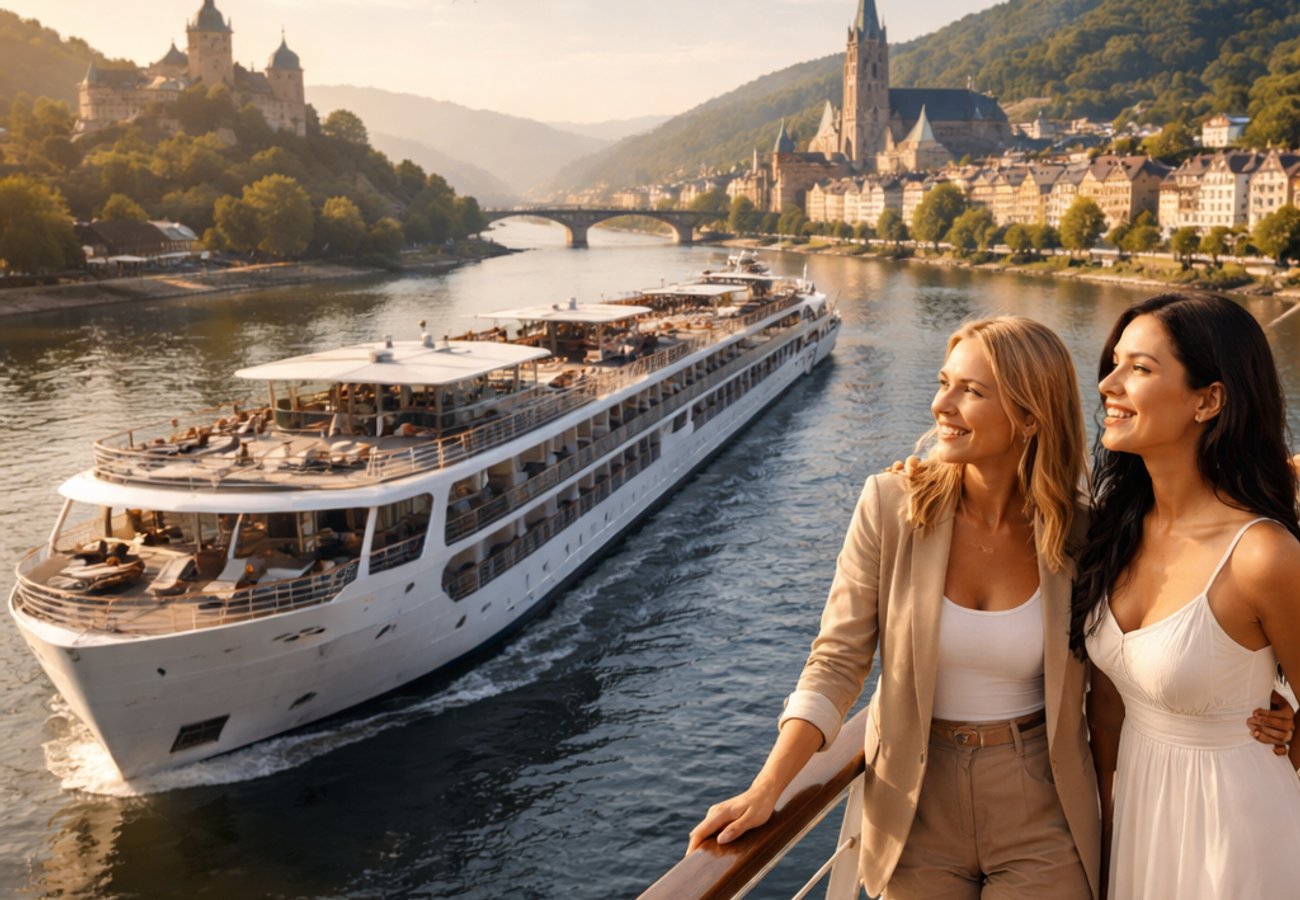 Viking River Cruise ship on the Danube with German architecture in background