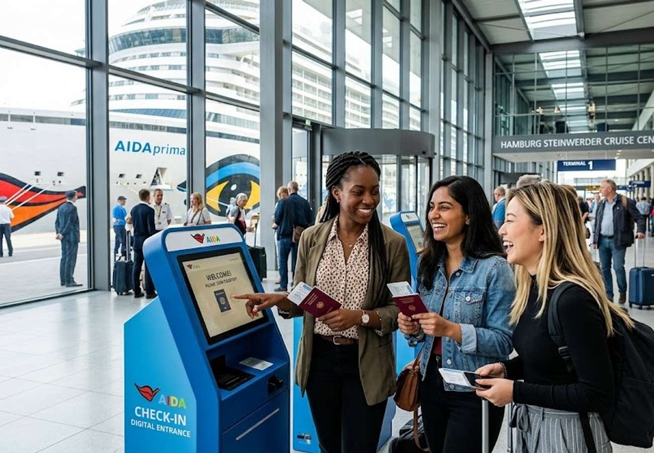 Digital self-service check-in kiosks at a modern cruise terminal