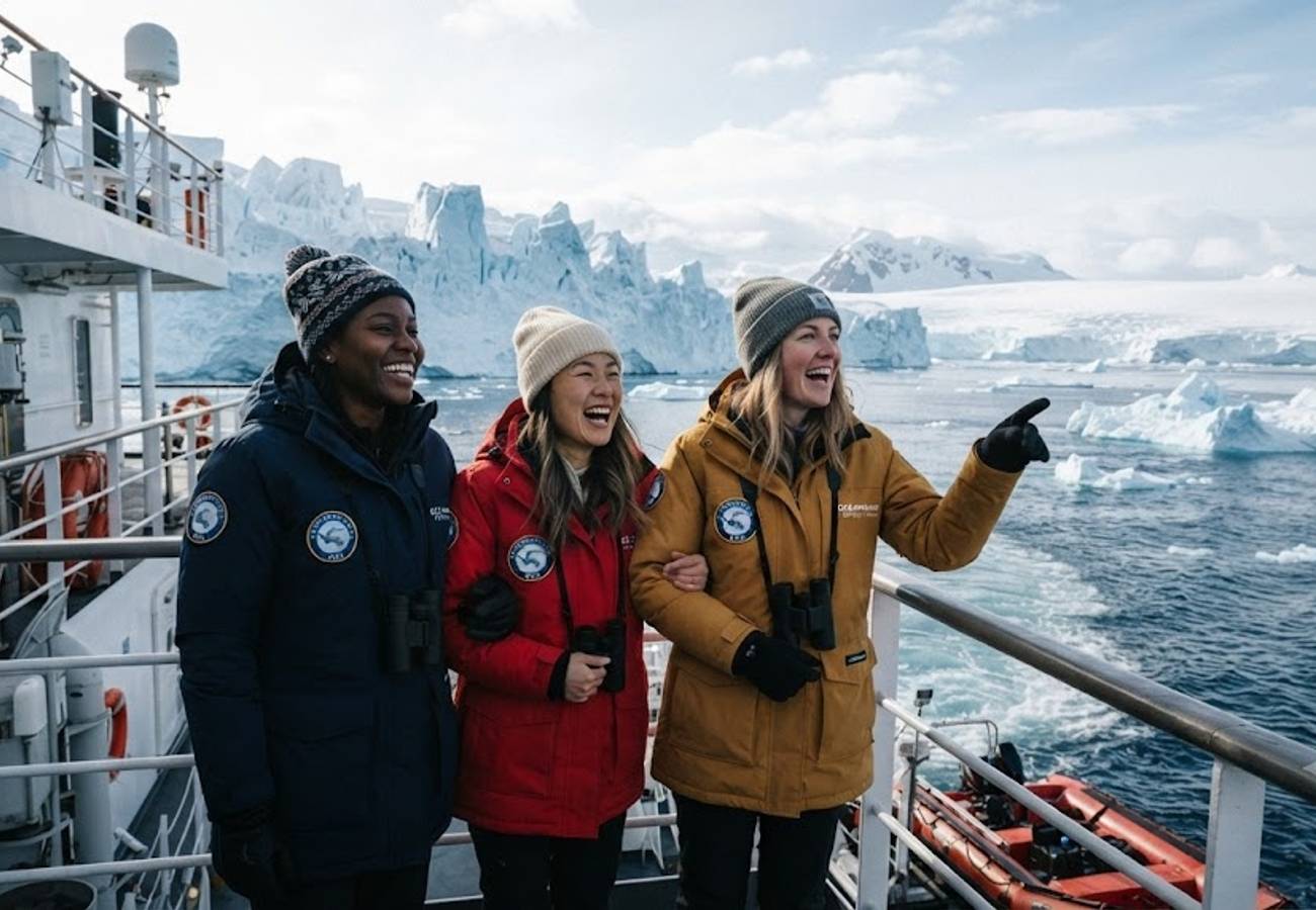 Aurora Expeditions polar expedition cruise ship navigating Antarctic ice-filled waters with glaciers in background