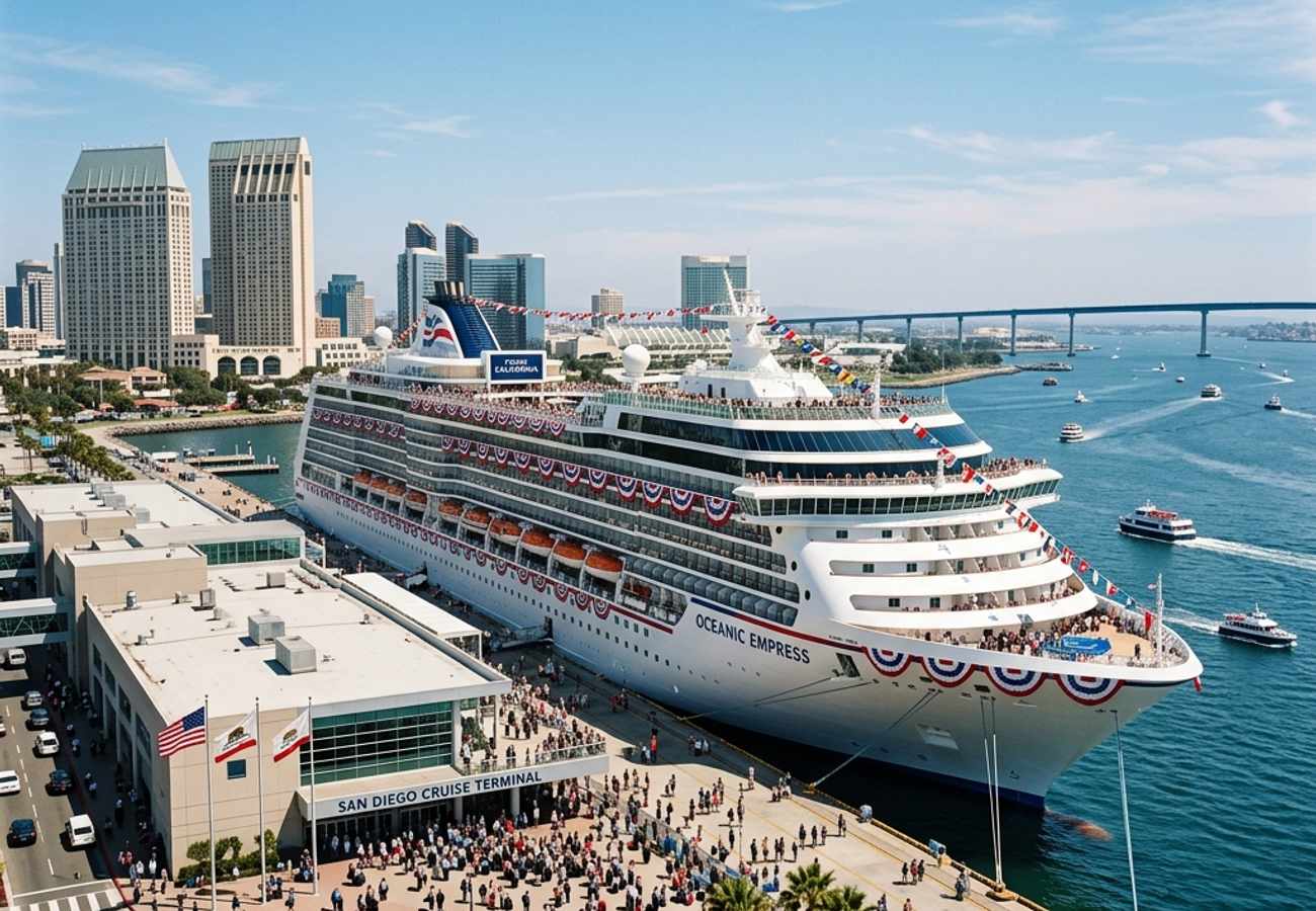 Carnival Radiance ship docked at Port of Long Beach during America250 celebration with patriotic displays