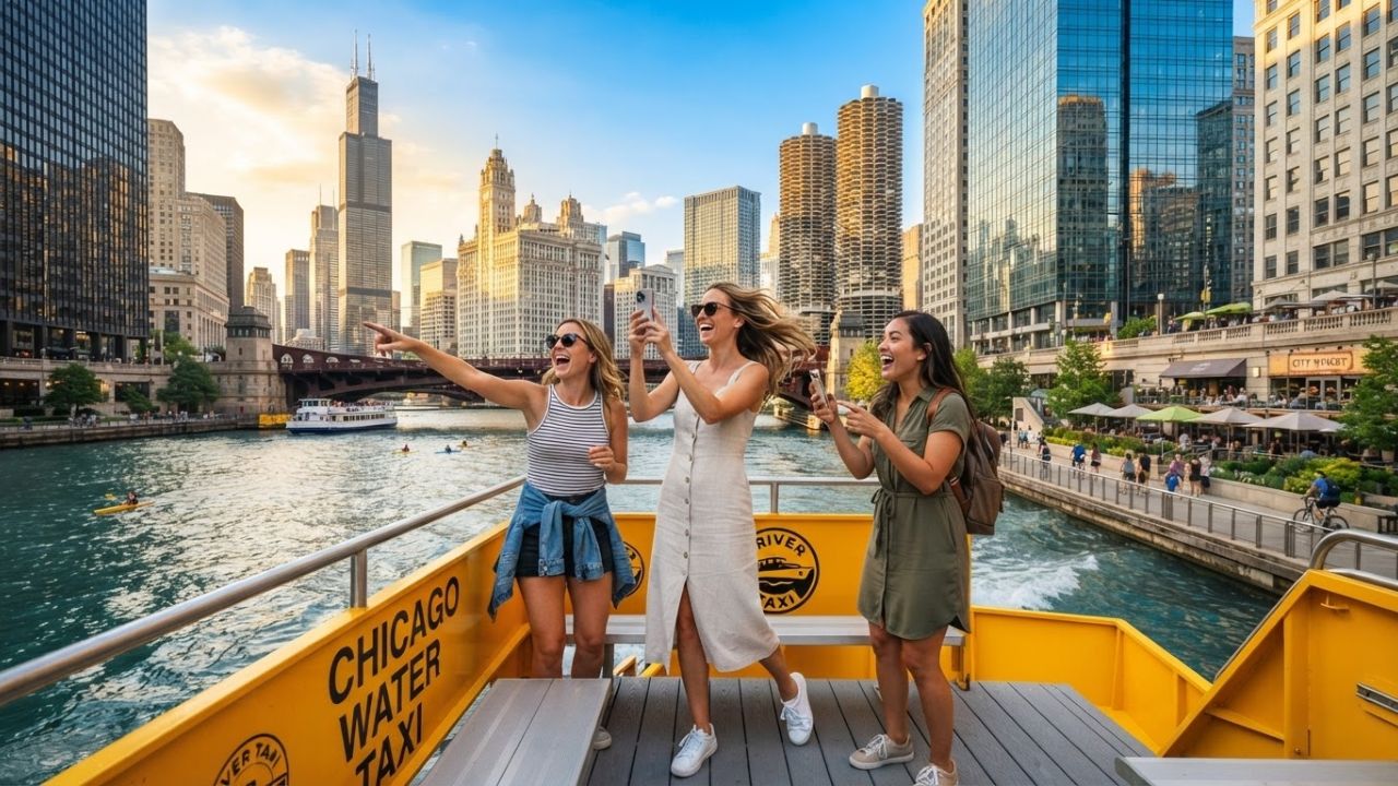 A yellow water taxi cruising down the Chicago River surrounded by tall modern skyscrapers