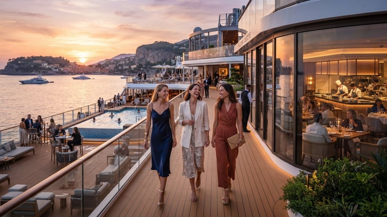 A beautifully set table in an upscale ocean-view cruise restaurant during sunset