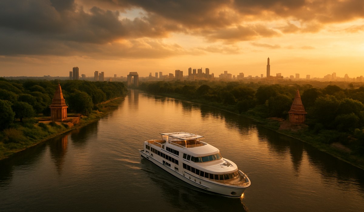 Luxury Yamuna River cruise vessel on the Yamuna with Delhi's skyline in background, 2026