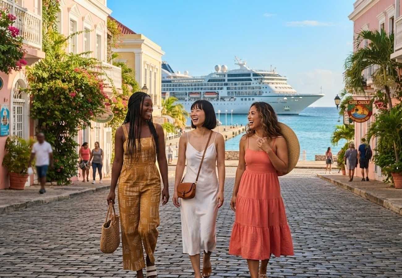 Luxury cruise ship sailing through turquoise Caribbean waters near a tropical island