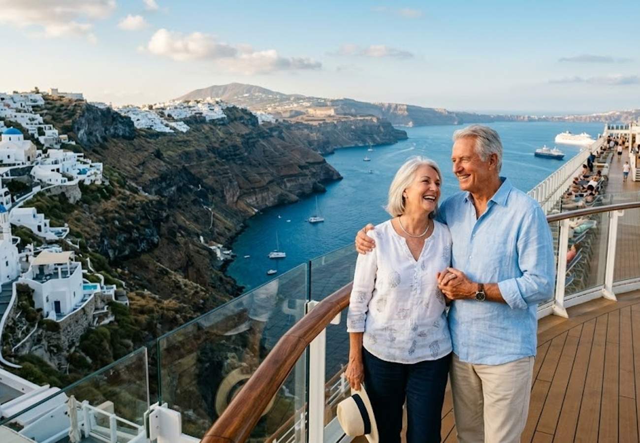 Luxury cruise ship docked near a scenic coastal wellness retreat