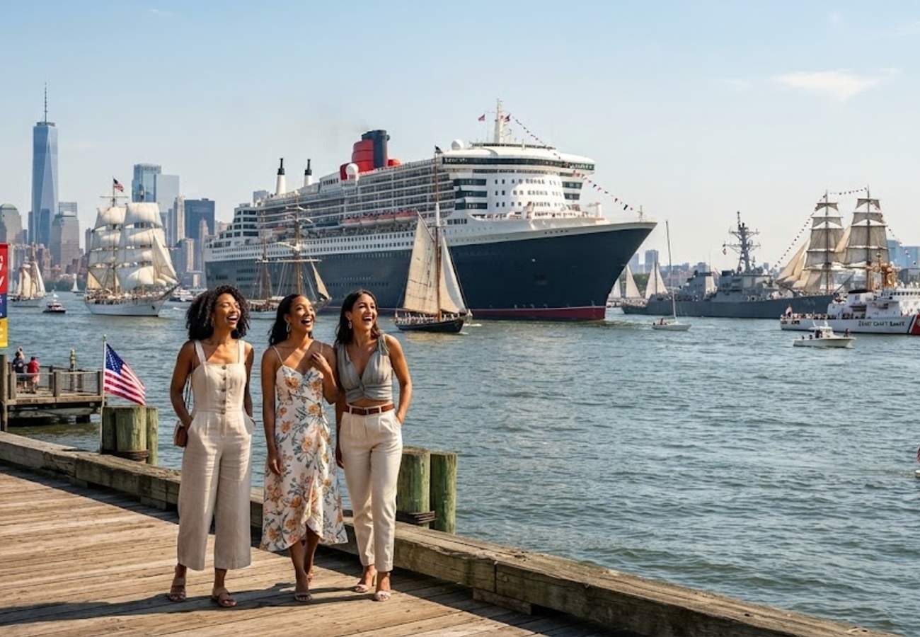 Queen Mary 2 ocean liner anchored in New York Harbor during Sail4th 250 celebrations with Manhattan skyline