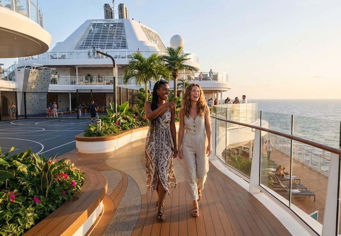 Solara Sports Deck aboard Seven Seas Prestige featuring glass windbreaks, polished hardwoods, padel court, and panoramic ocean views