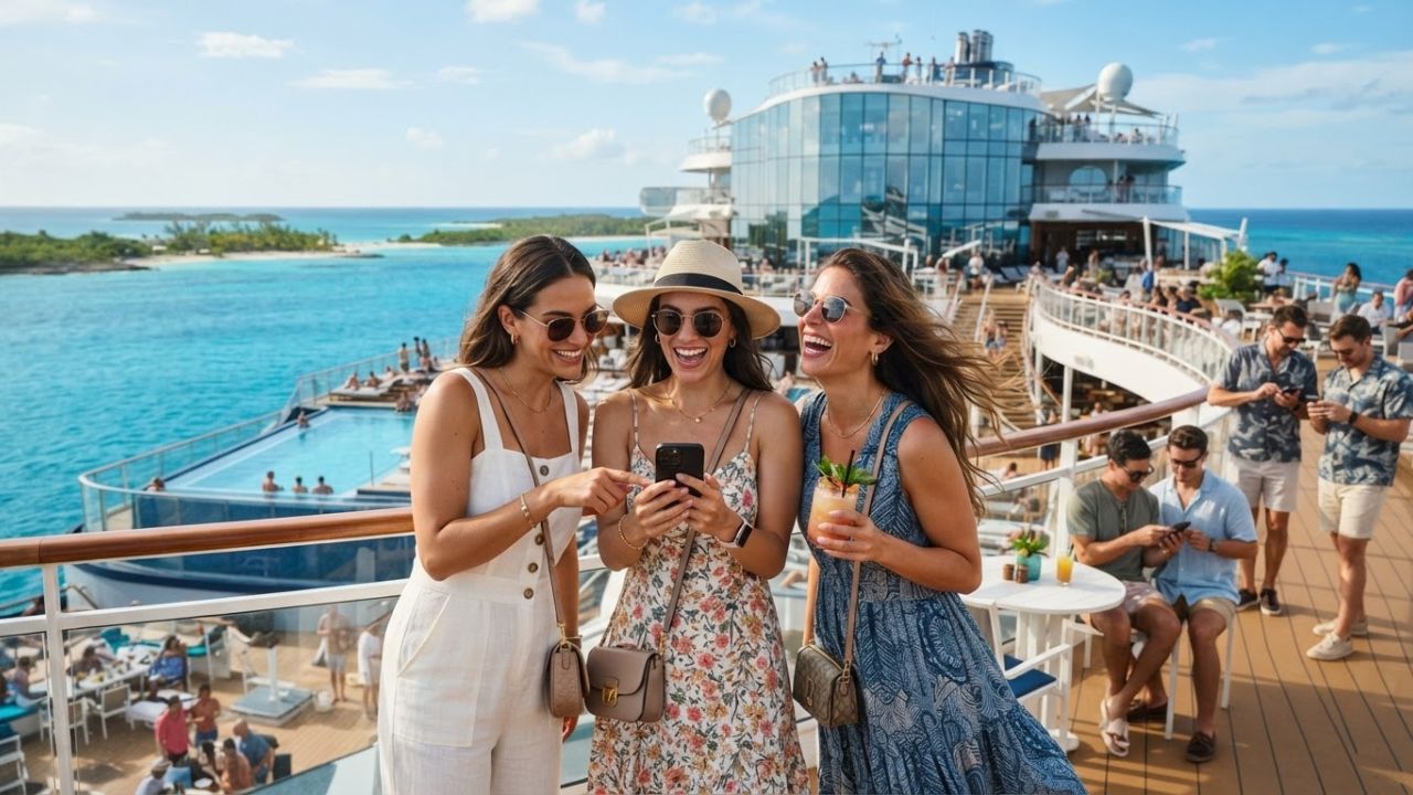 A group of cruise passengers watching the ocean from a ship balcony at sunset