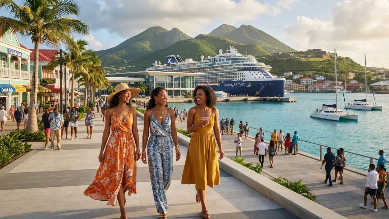 A cruise ship docked at a modern Caribbean terminal next to a historic town and mountains