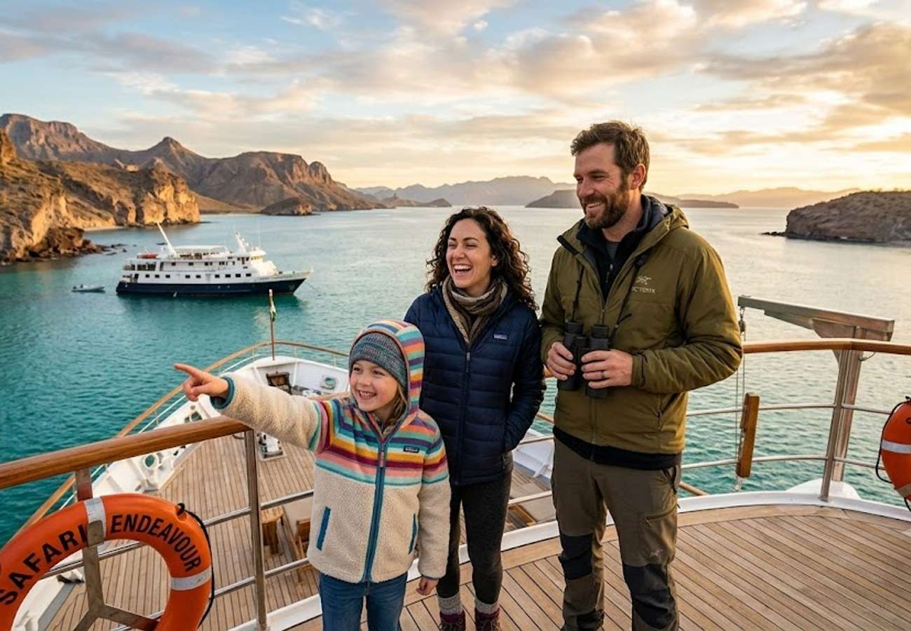 Small expedition cruise ship navigating the turquoise waters of the Sea of Cortez in Baja California Sur