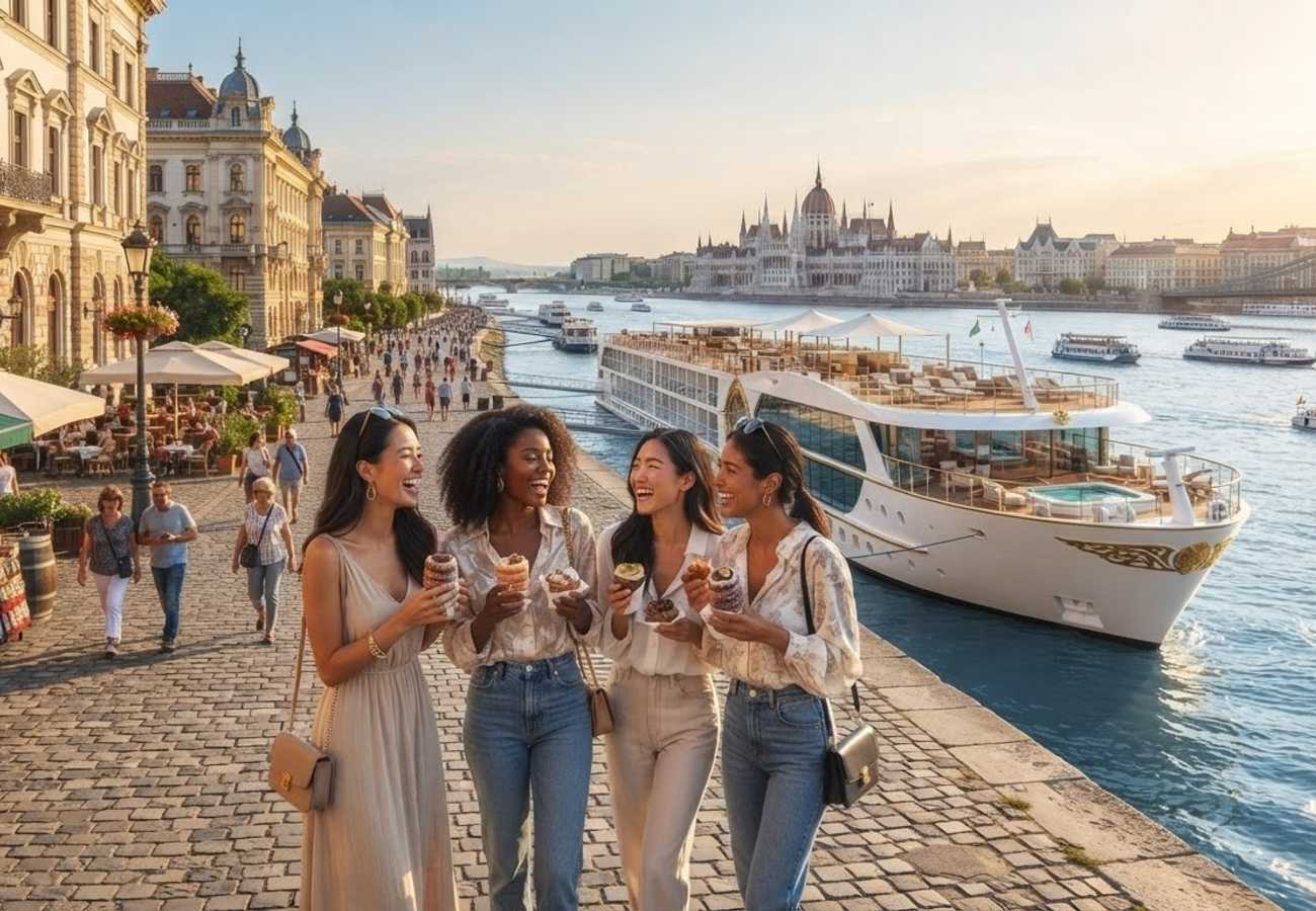 Luxury river cruise ship docked in a historic European city