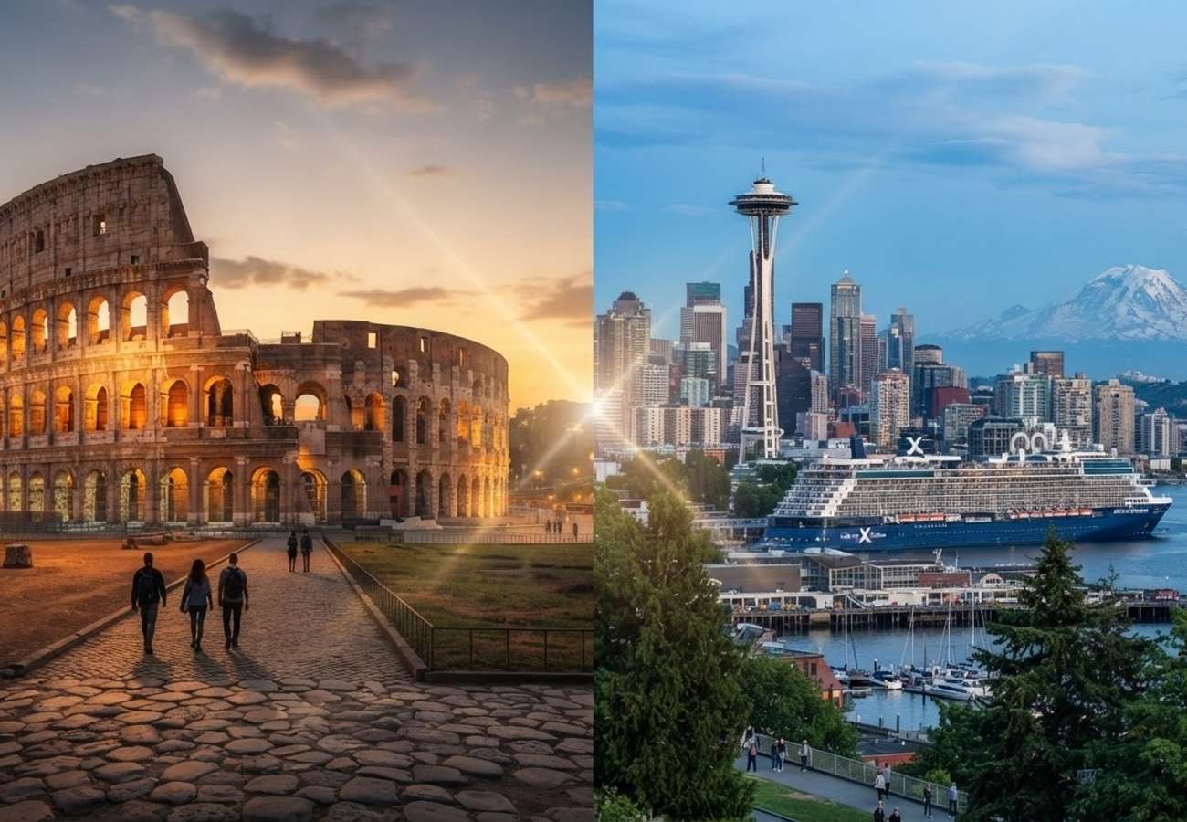 Aerial view of Rome's historic center and Seattle's waterfront