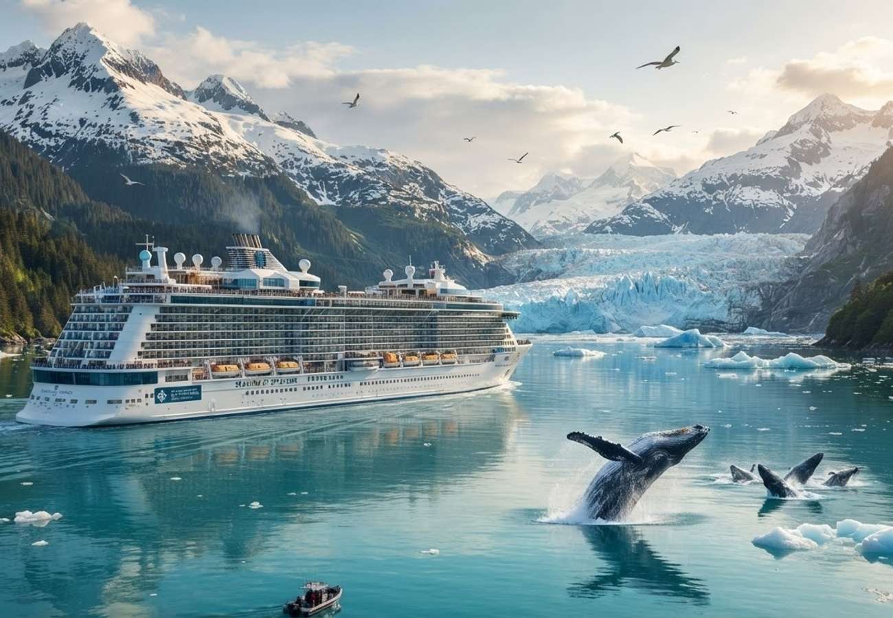 Aerial view of a cruise ship navigating Alaskan glaciers
