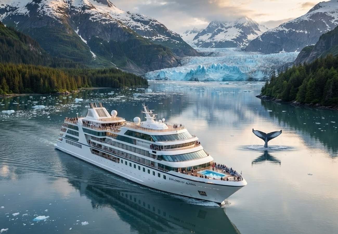 Luxury cruise ship navigating the icy waters of Alaska's Inside Passage
