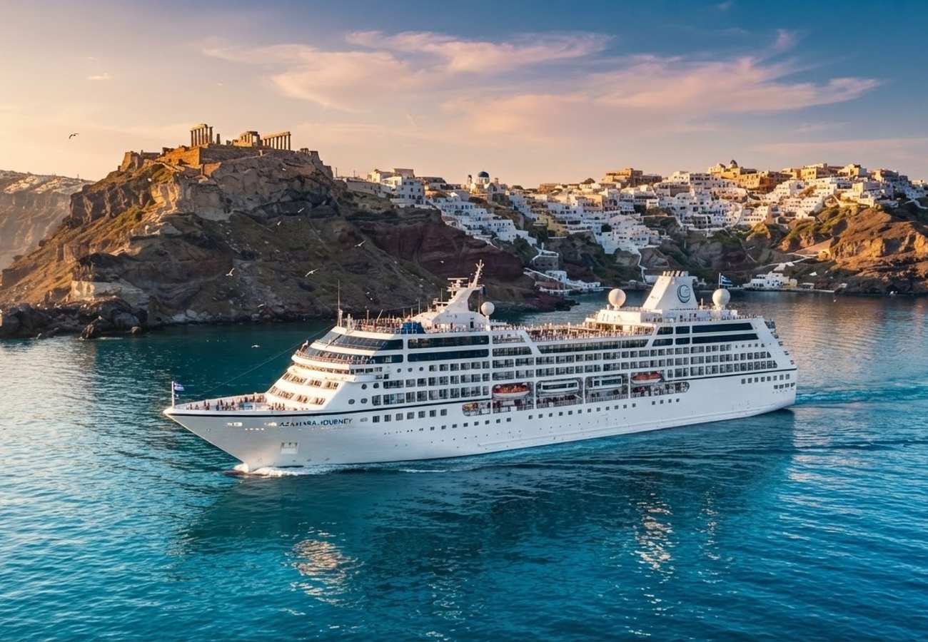 Luxury cruise ship sailing through the Mediterranean coast of Greece and Turkey