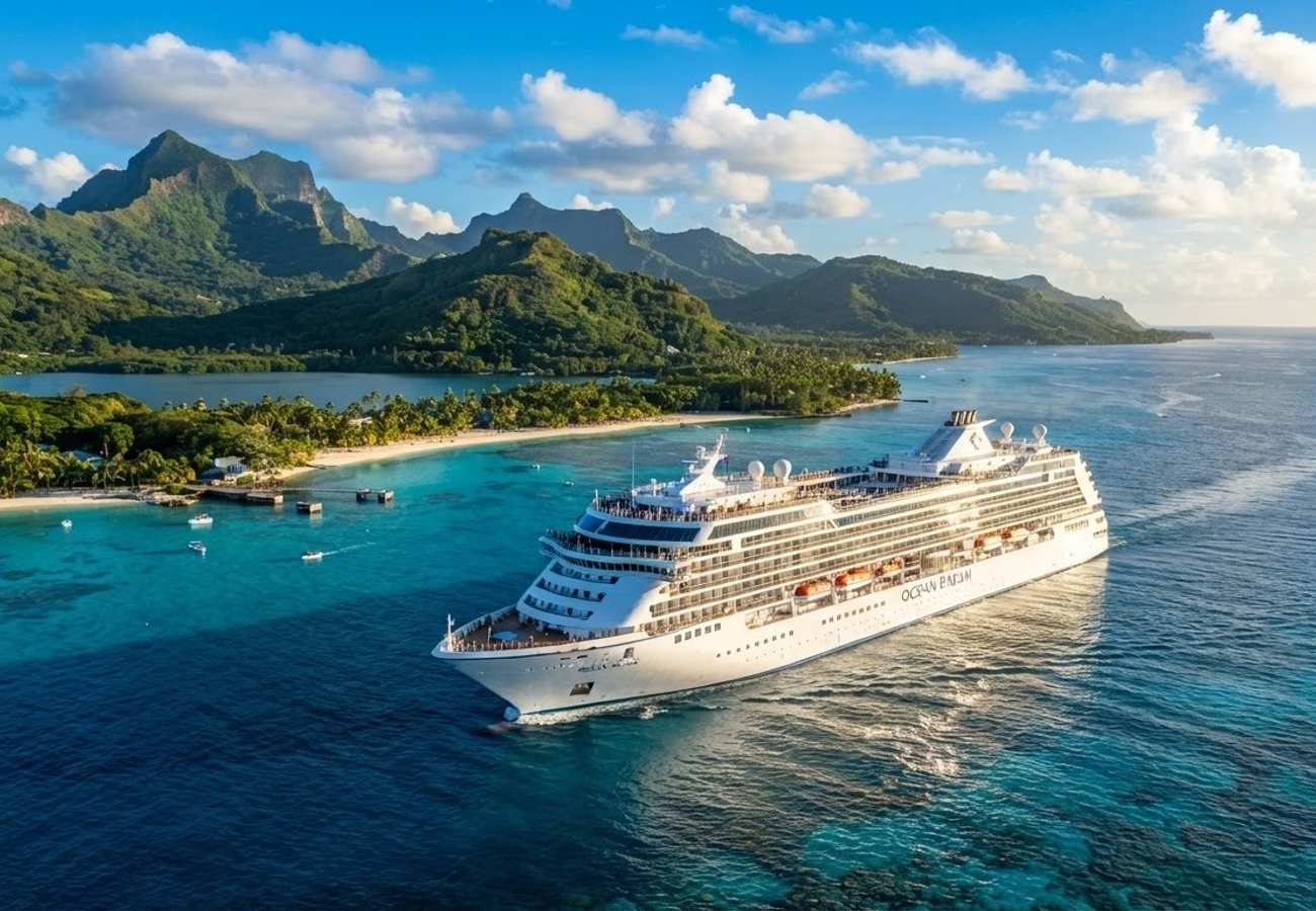 Aerial view of a modern LNG cruise ship docked at a Caribbean port
