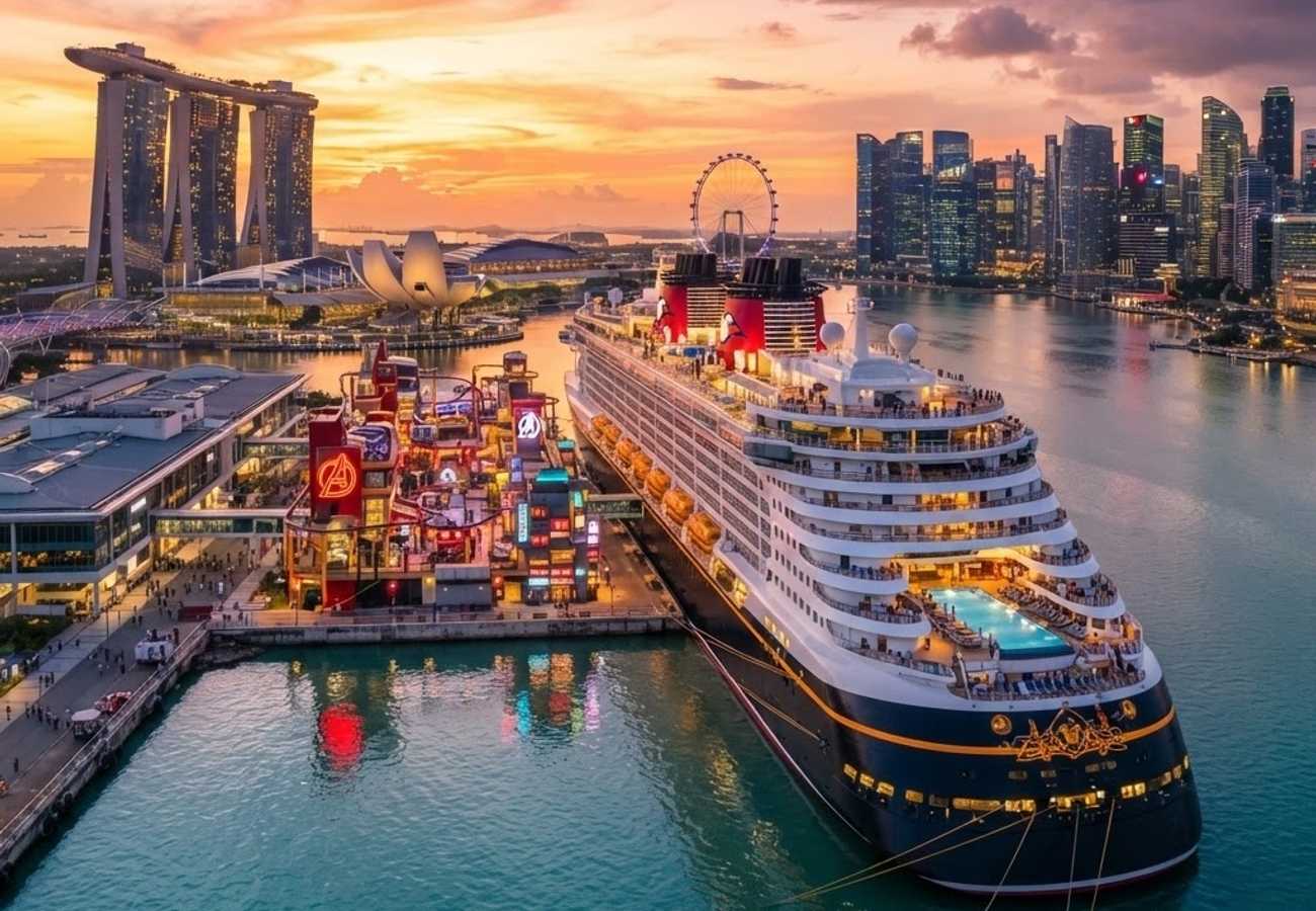 The Disney Adventure cruise ship docked in Singapore harbor