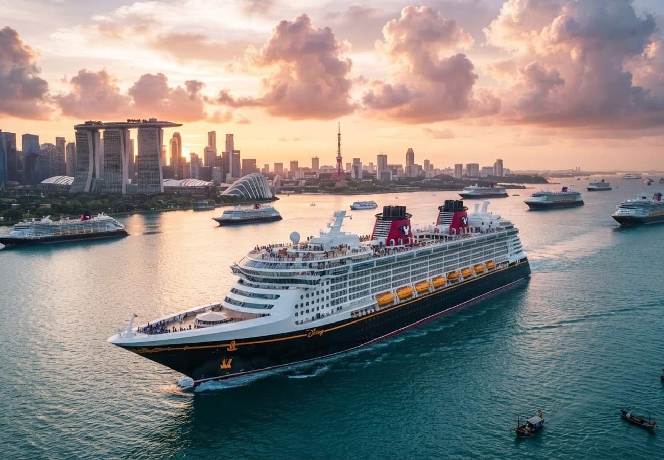 Modern Disney cruise ship sailing near an Asian coastline