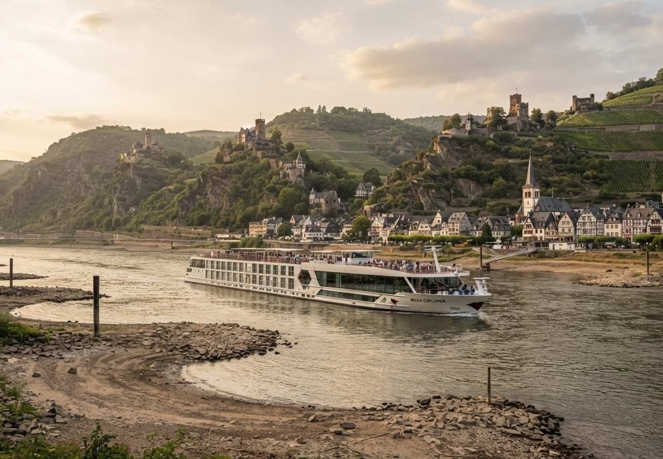 River cruise ship navigating a European waterway during low water levels