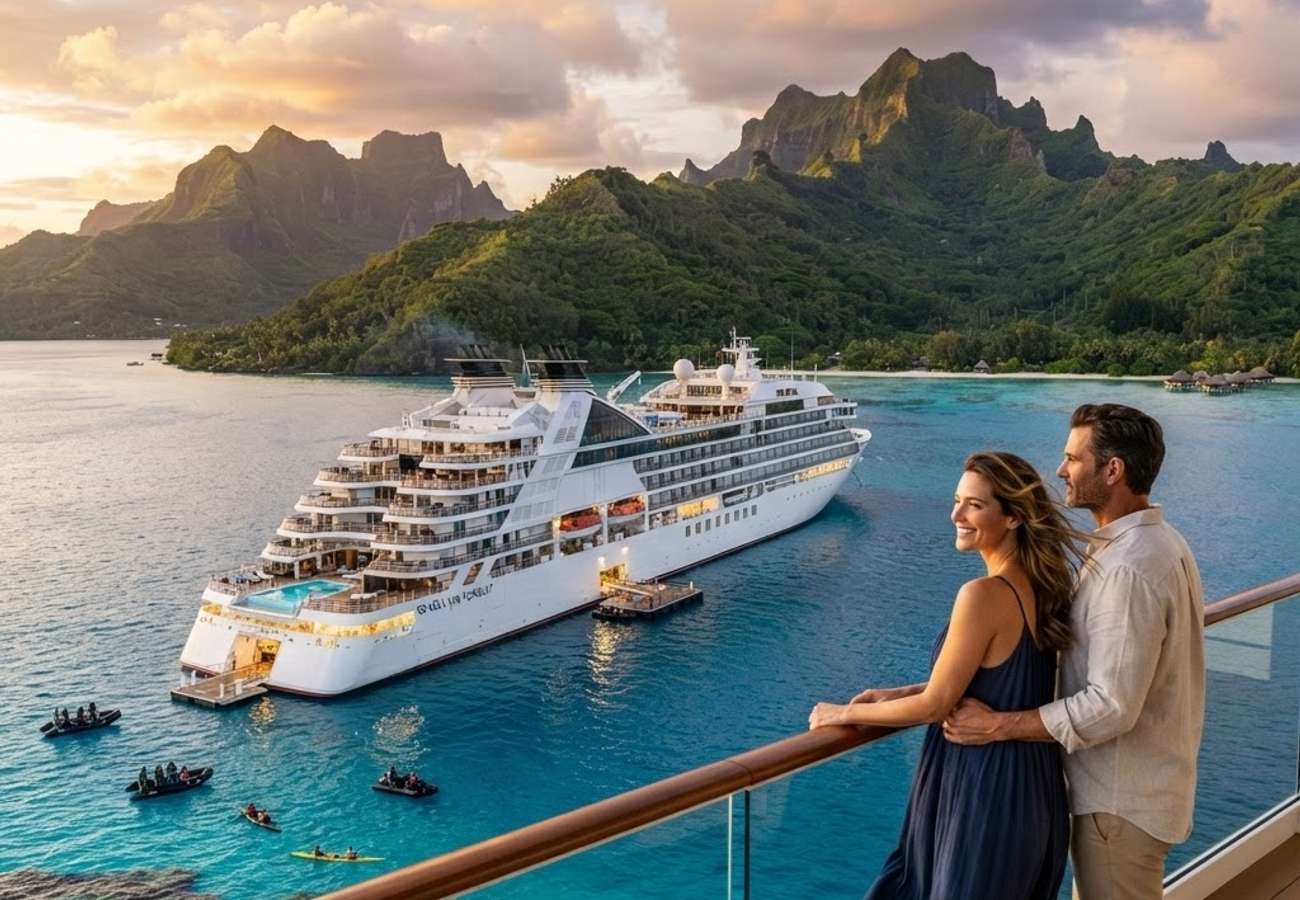 Luxury expedition cruise ship in the South Pacific