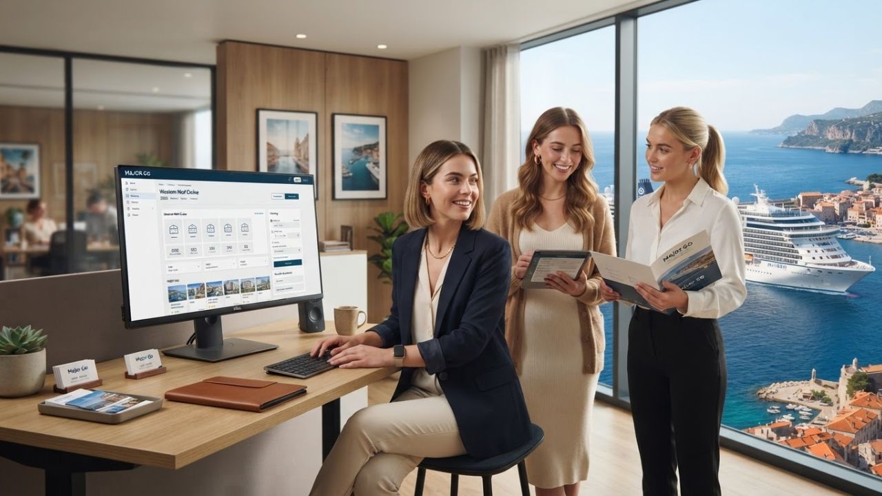 A travel agent using a laptop in an office to book a luxury cruise holiday.