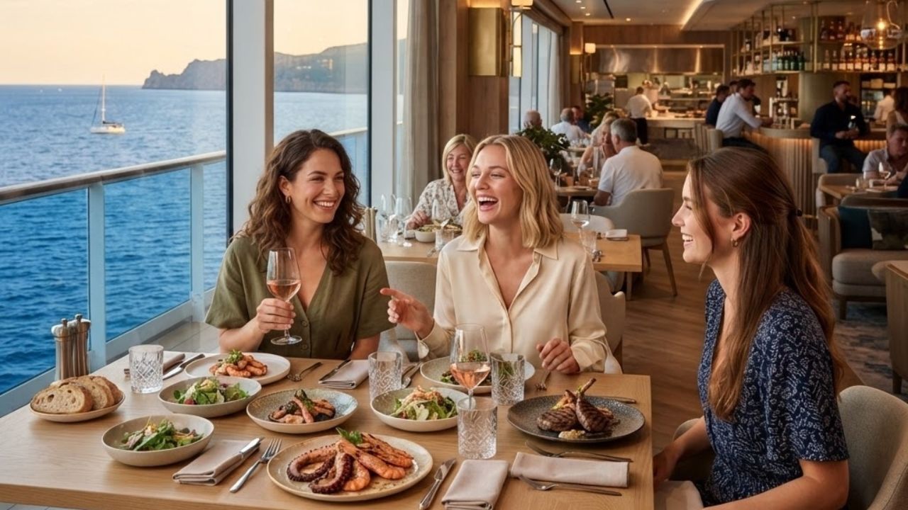 A photorealistic rendering of a modern cruise ship at sea with spacious open-air dining decks overlooking the ocean at sunset.