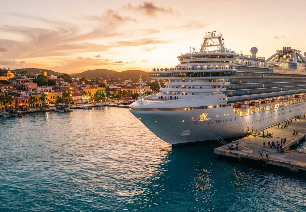 Cruise ship docked at a Mexican coastal port