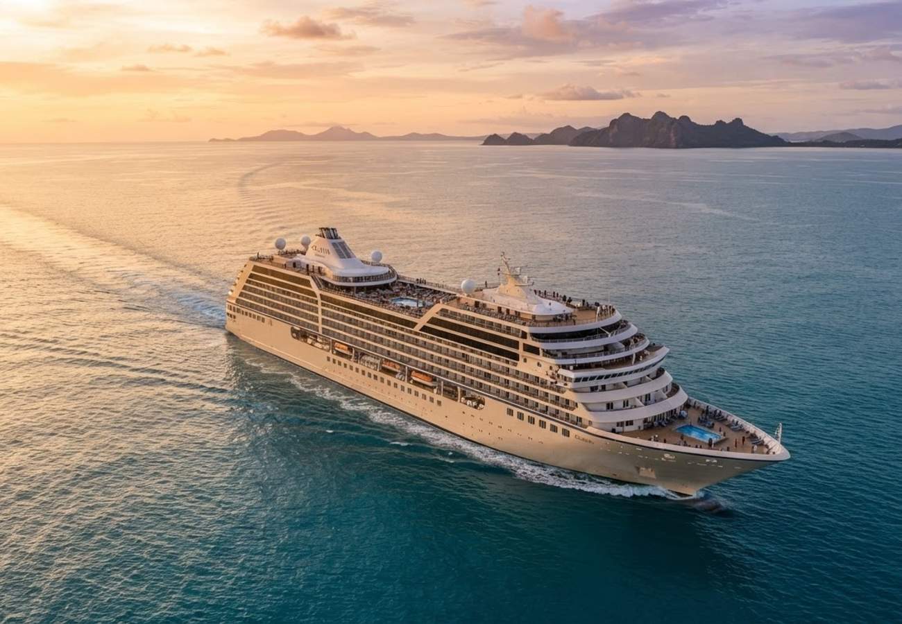 Luxury cruise ship sailing through a scenic coastal region