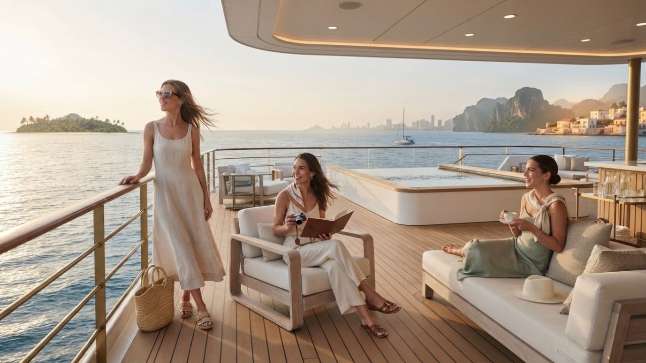 A luxury cruise ship anchored in a calm tropical bay surrounded by volcanic hills.