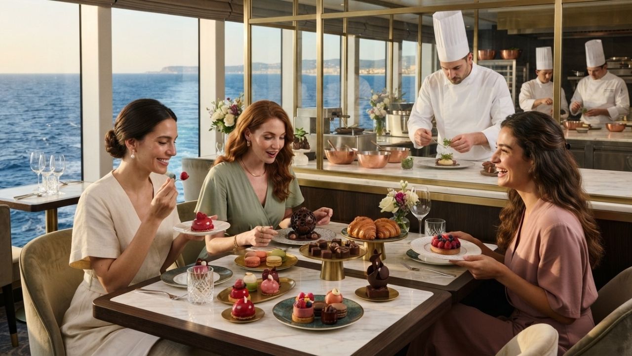A professional pastry chef preparing delicate chocolate decorations on a luxury cruise ship dessert.