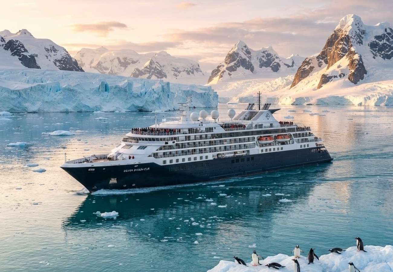 The ultra-luxury expedition vessel Silver Endeavour navigating polar ice waters