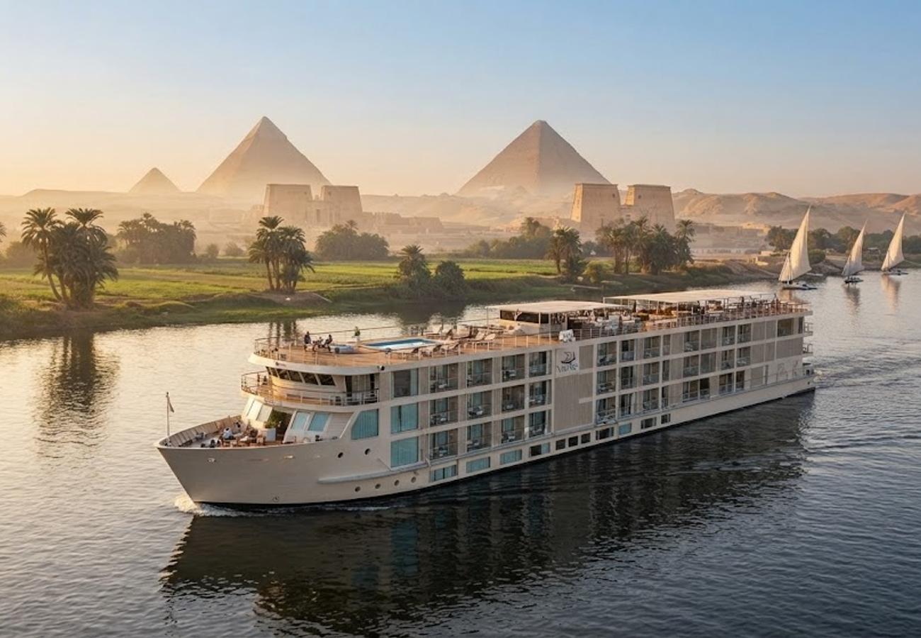 Luxury Viking river cruise ship sailing on the Nile River in Egypt