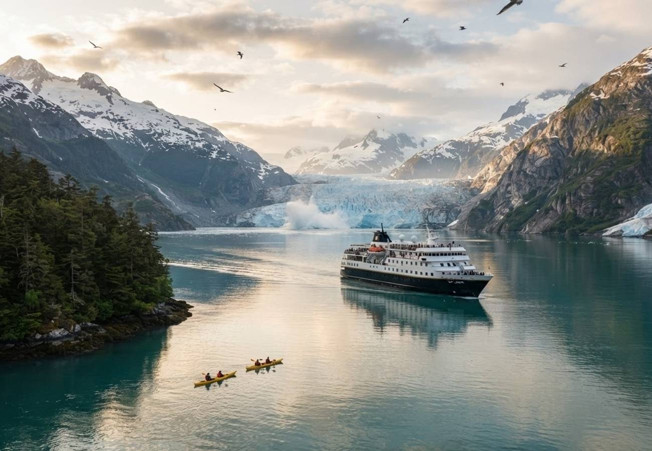 Boutique small cruise ship navigating a pristine coastal fjord in North America surrounded by evergreen forests and mountains