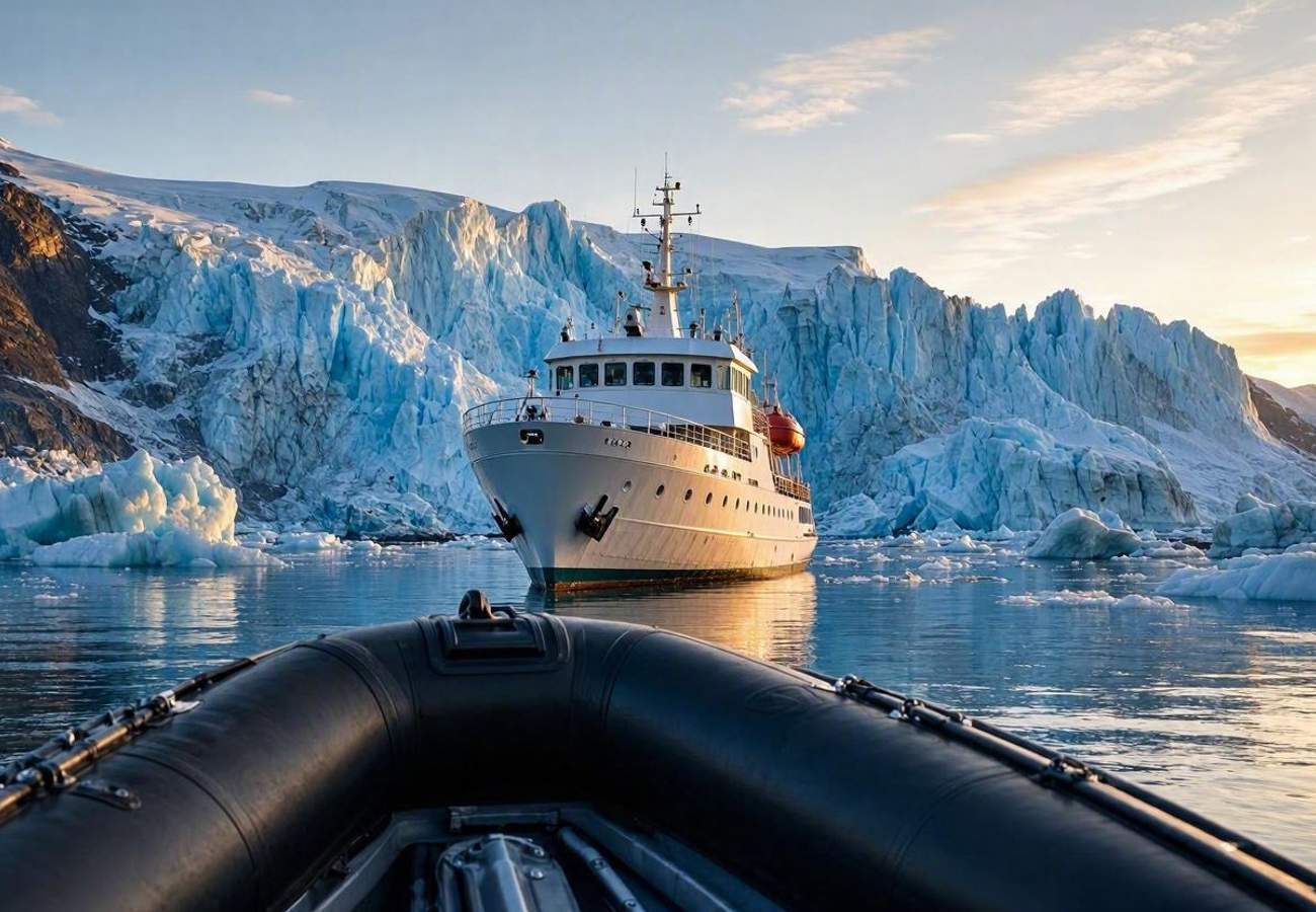 Expedition cruise ship navigating the icy waters of Greenland