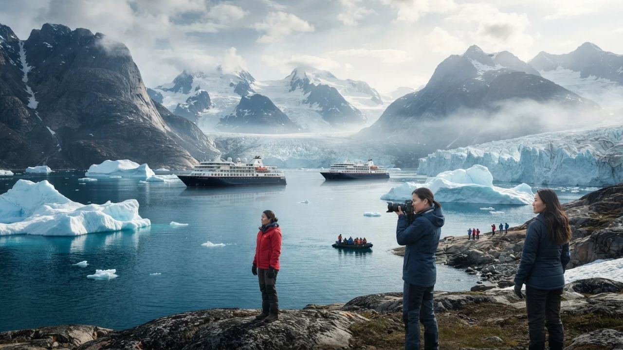 Expedition cruise ship navigating icebergs along the mountainous coast of Greenland