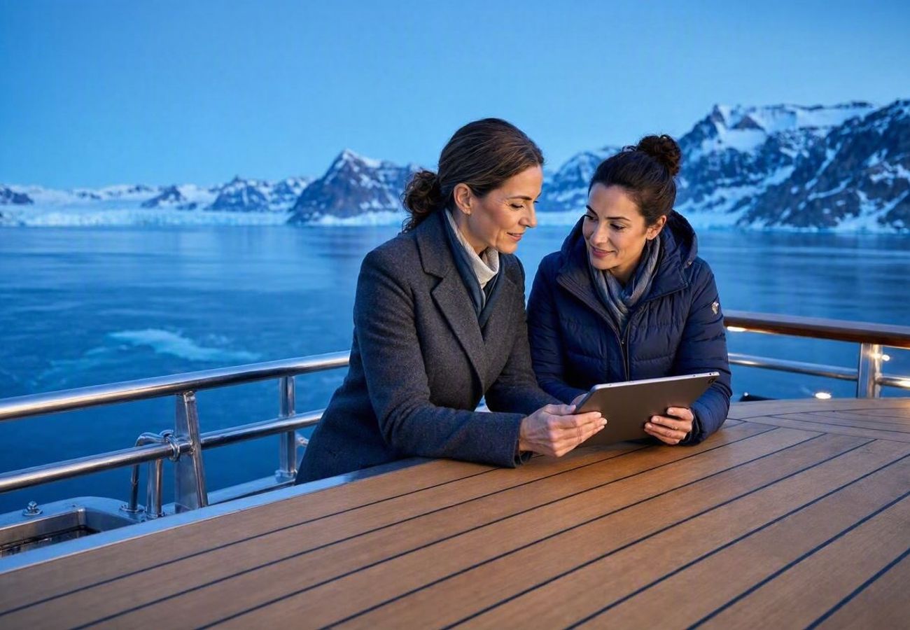 Digital interface showing cruise booking and API connectivity for luxury expedition voyages