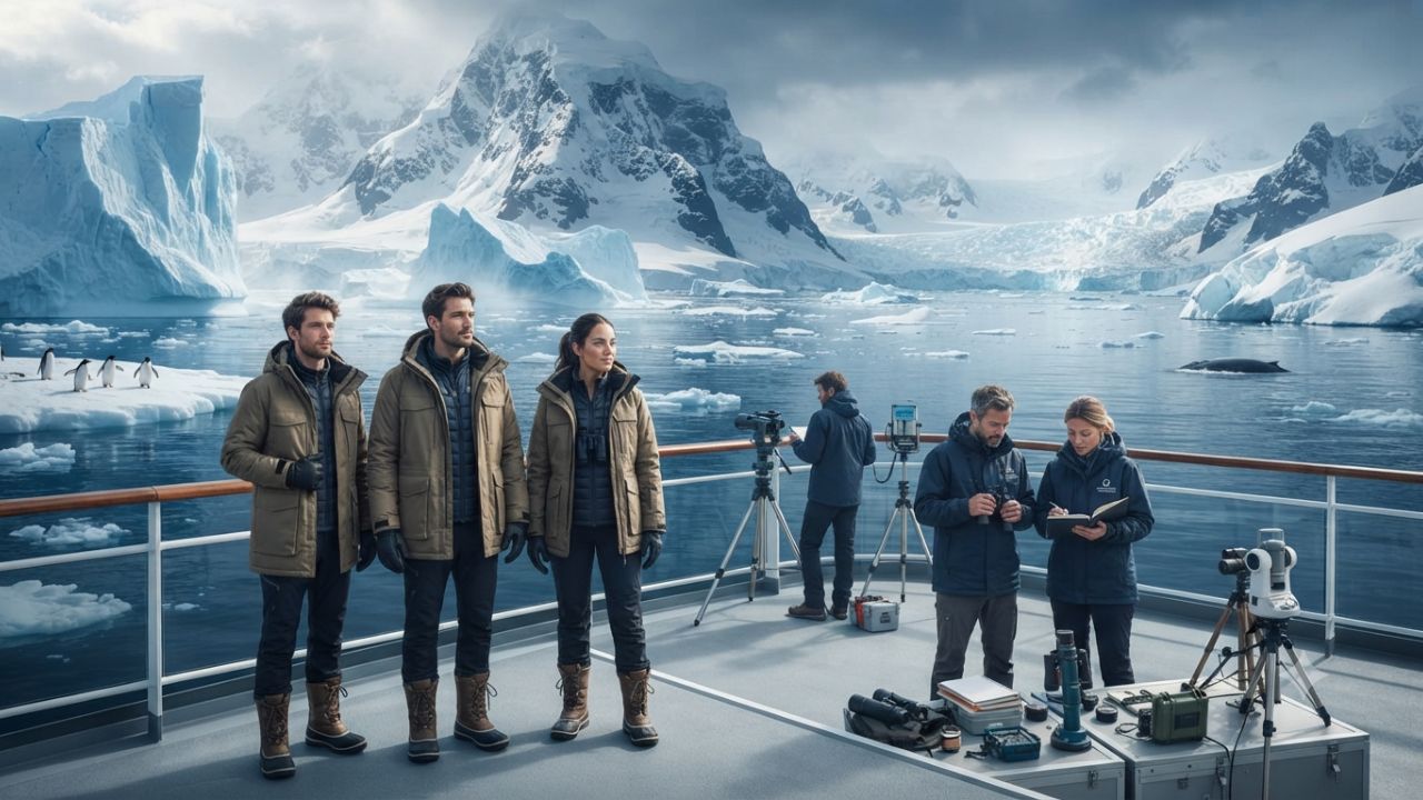 Aurora Expeditions polar vessel sailing past icebergs in the Antarctic Peninsula with scientists monitoring marine life