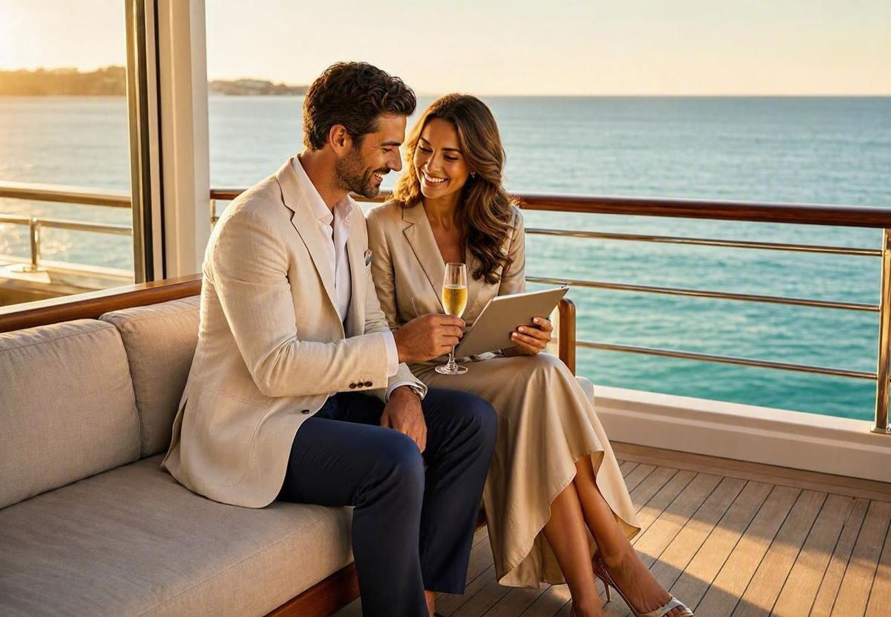 Luxury cruise ship deck with passengers enjoying premium amenities