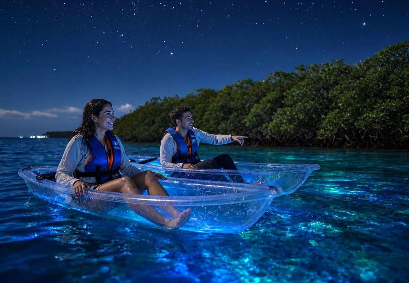 Nighttime view of bioluminescent blue water in Mosquito Bay Vieques