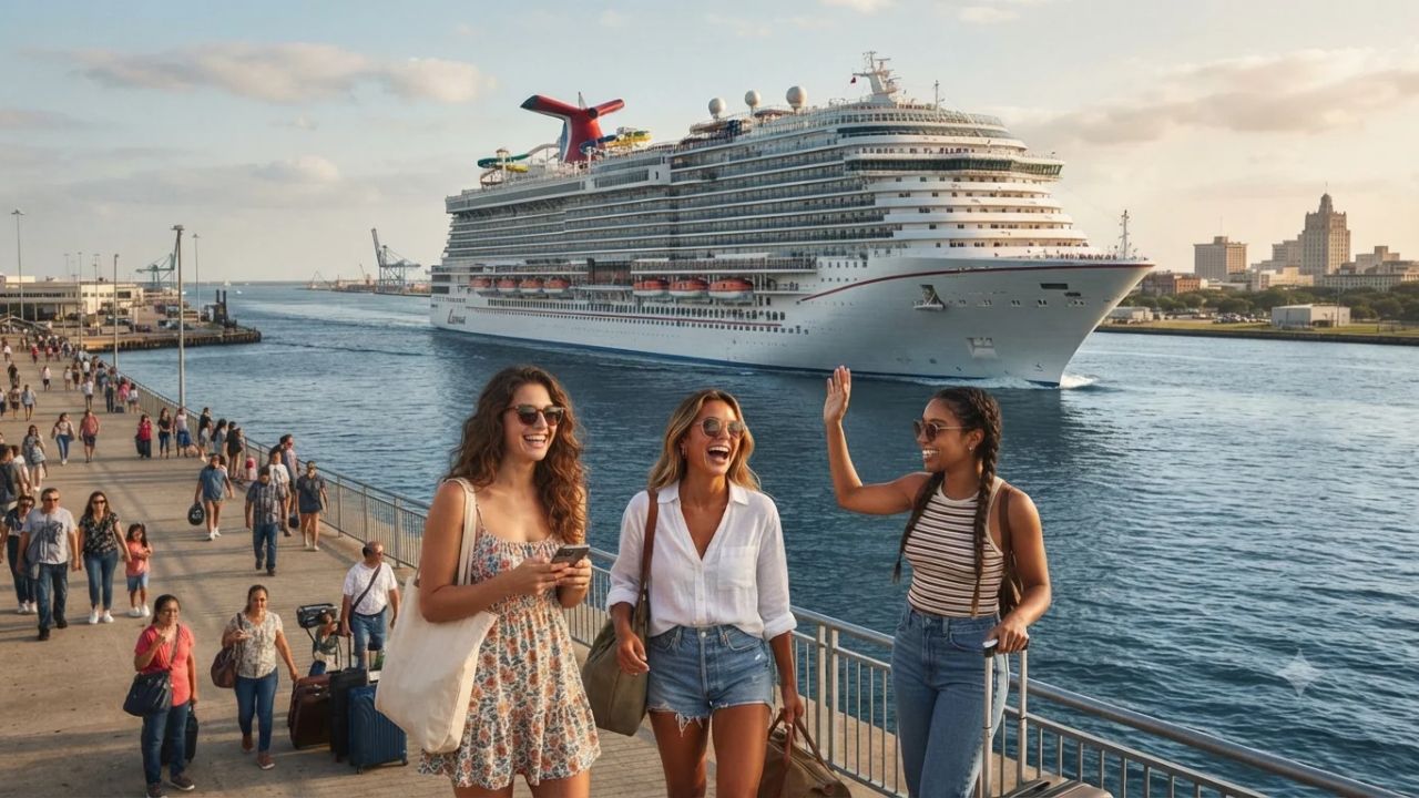 Carnival Jubilee mega cruise ship navigating the waters of the Gulf of Mexico near Galveston Texas terminal