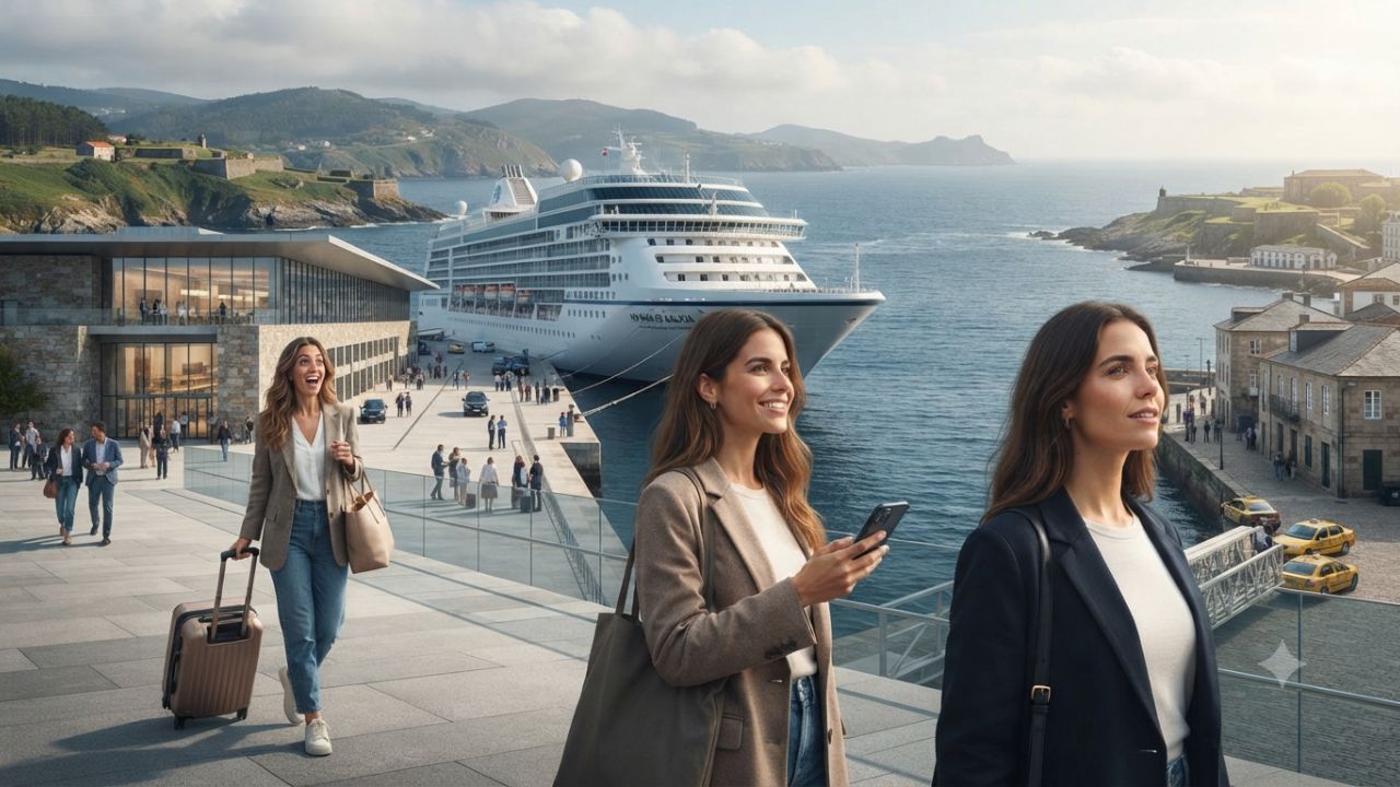 Modern luxury cruise ship docked at Ferrol Cruise Port in Galicia, Spain