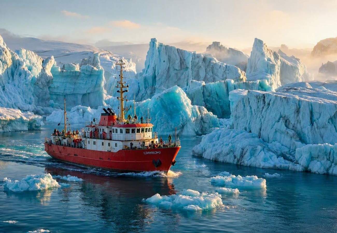 Expedition cruise ship navigating the icy waters of West Greenland