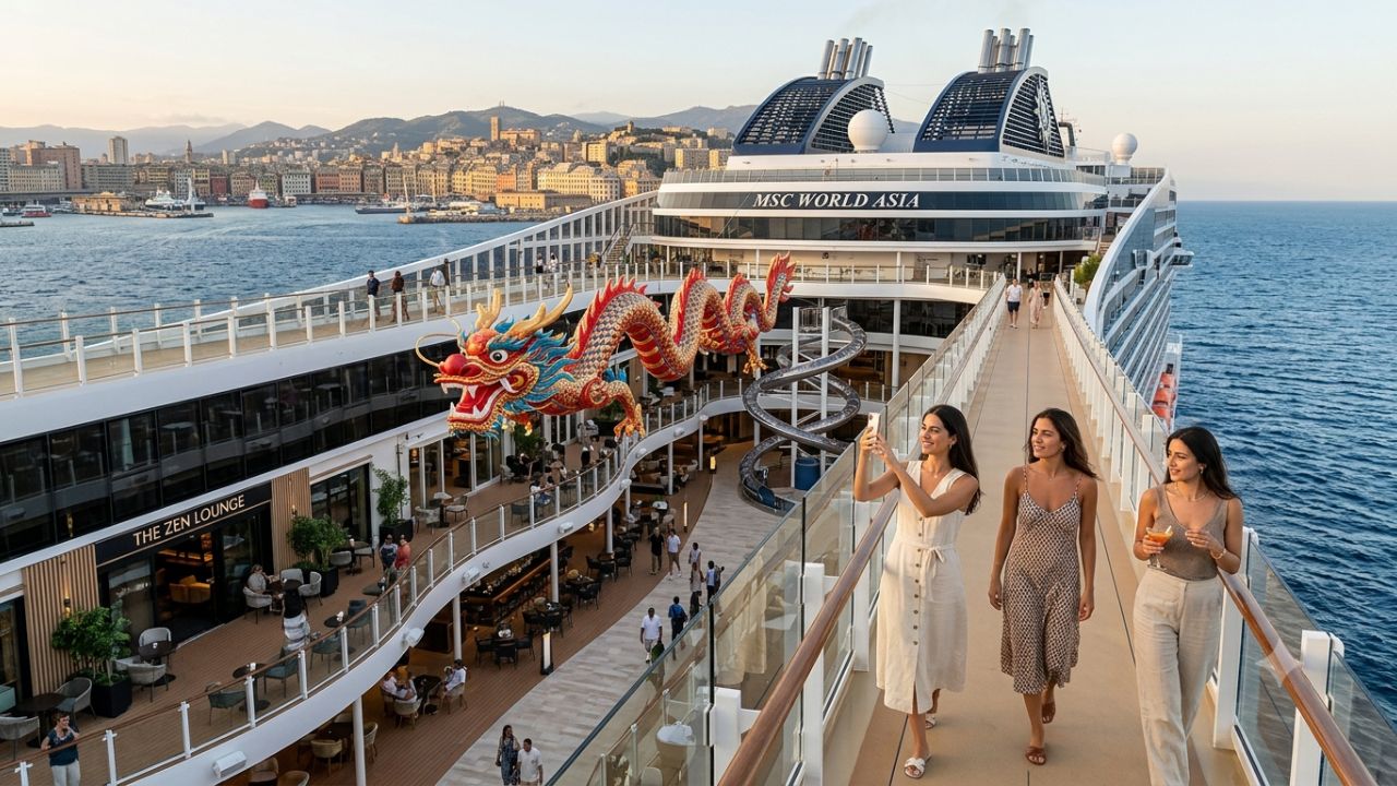 MSC World Asia LNG cruise ship sailing on Mediterranean sea