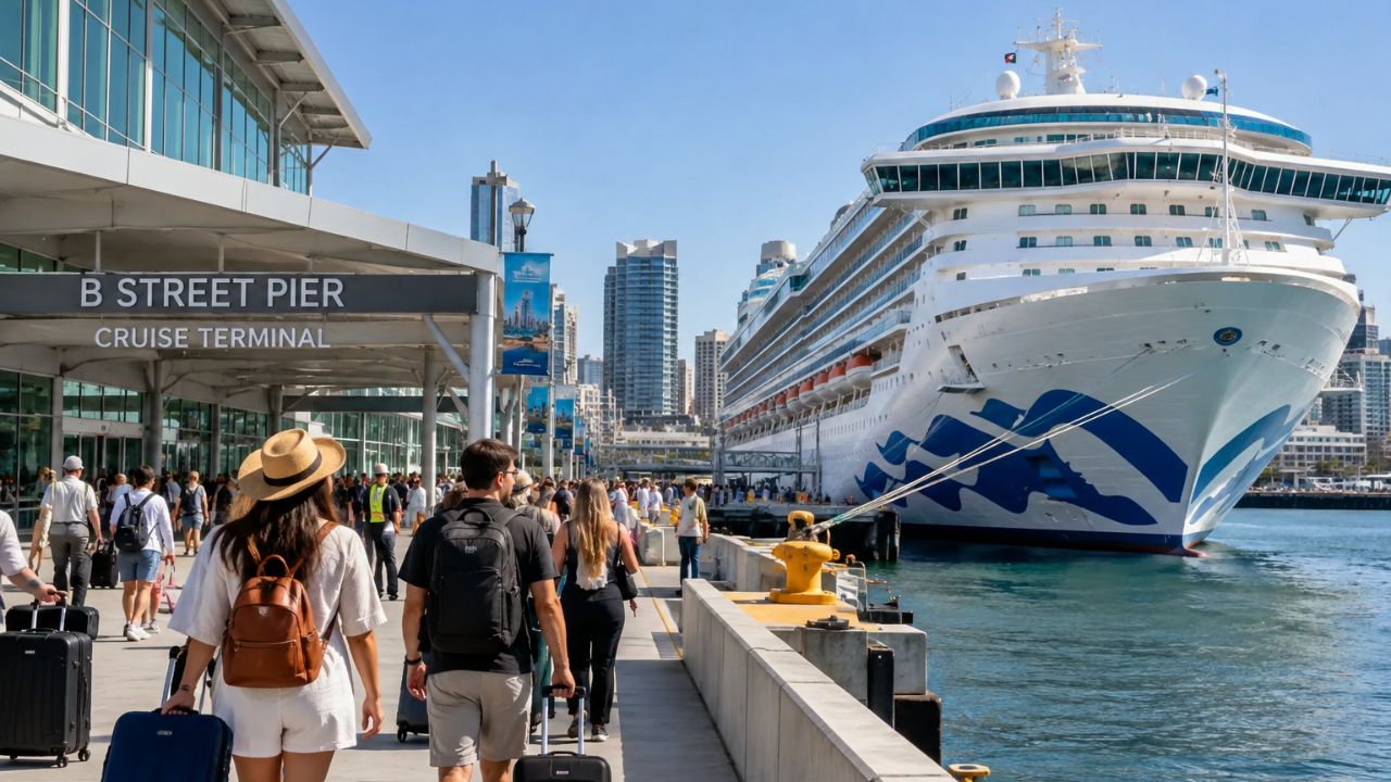 A large passenger cruise ship docked at the B Street Pier Cruise Terminal along downtown San Diego bayfront