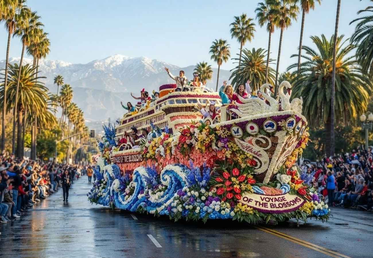 A massive floral float during the Rose Parade in Pasadena, California