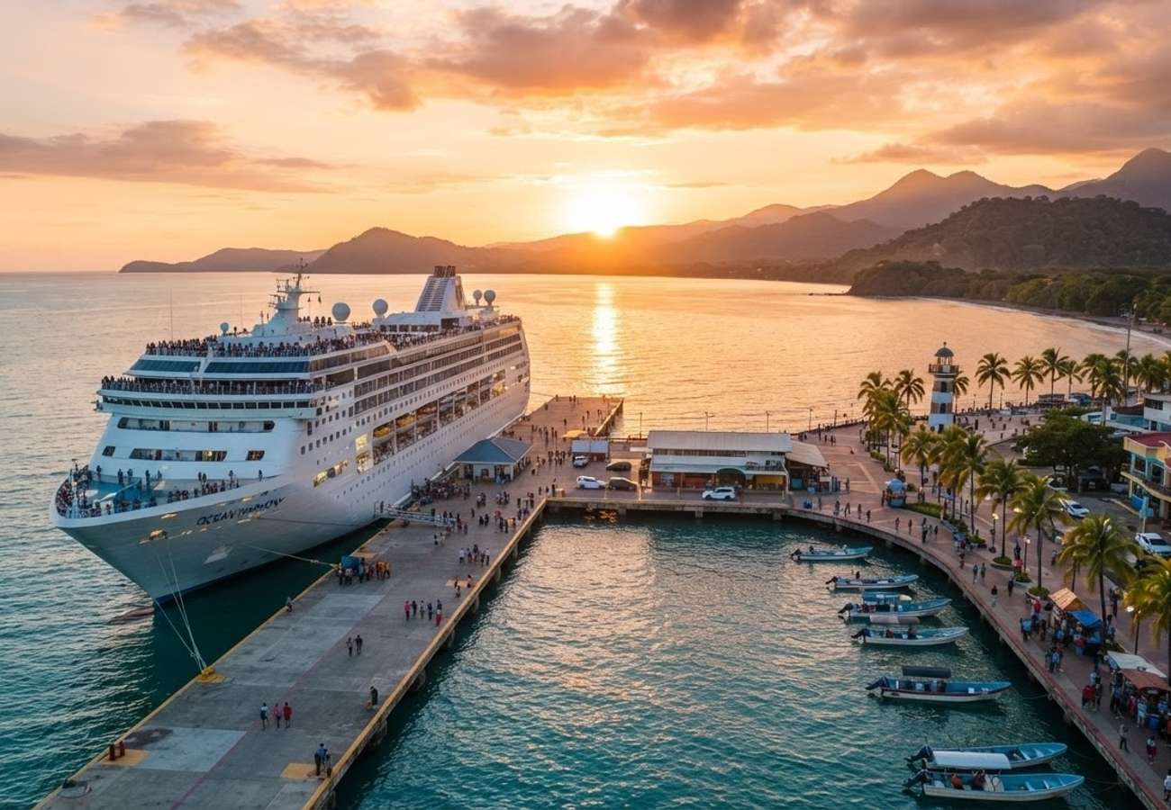 Aerial view of cruise ships docked at Puntarenas port Costa Rica