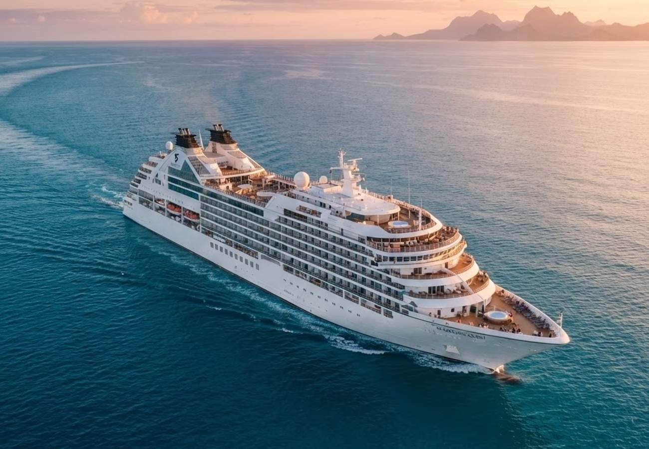 Luxury cruise ship Seabourn Quest navigating remote island waters