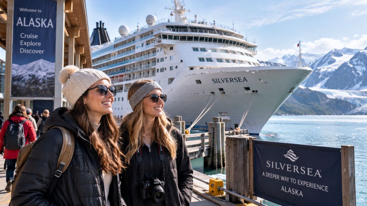 Silversea luxury cruise ship sailing past glaciers in Alaska wilderness