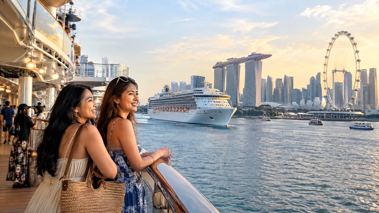 Luxury cruise ship docked at Marina Bay Cruise Centre Singapore